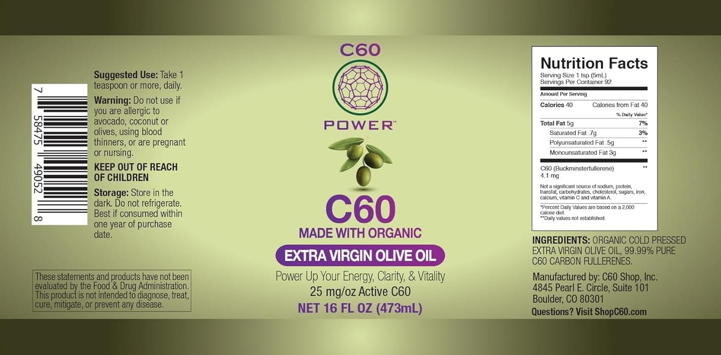 C60 Power C60 in Organic Extra Virgin Olive Oil - Natural Wellness Support for Men & Women, 99.99% Pure Carbon Fullerenes, Promotes Energy, Mental Clarity, & Stamina - 16 fl oz Bottle 16 Fl Oz (Pack of 1)