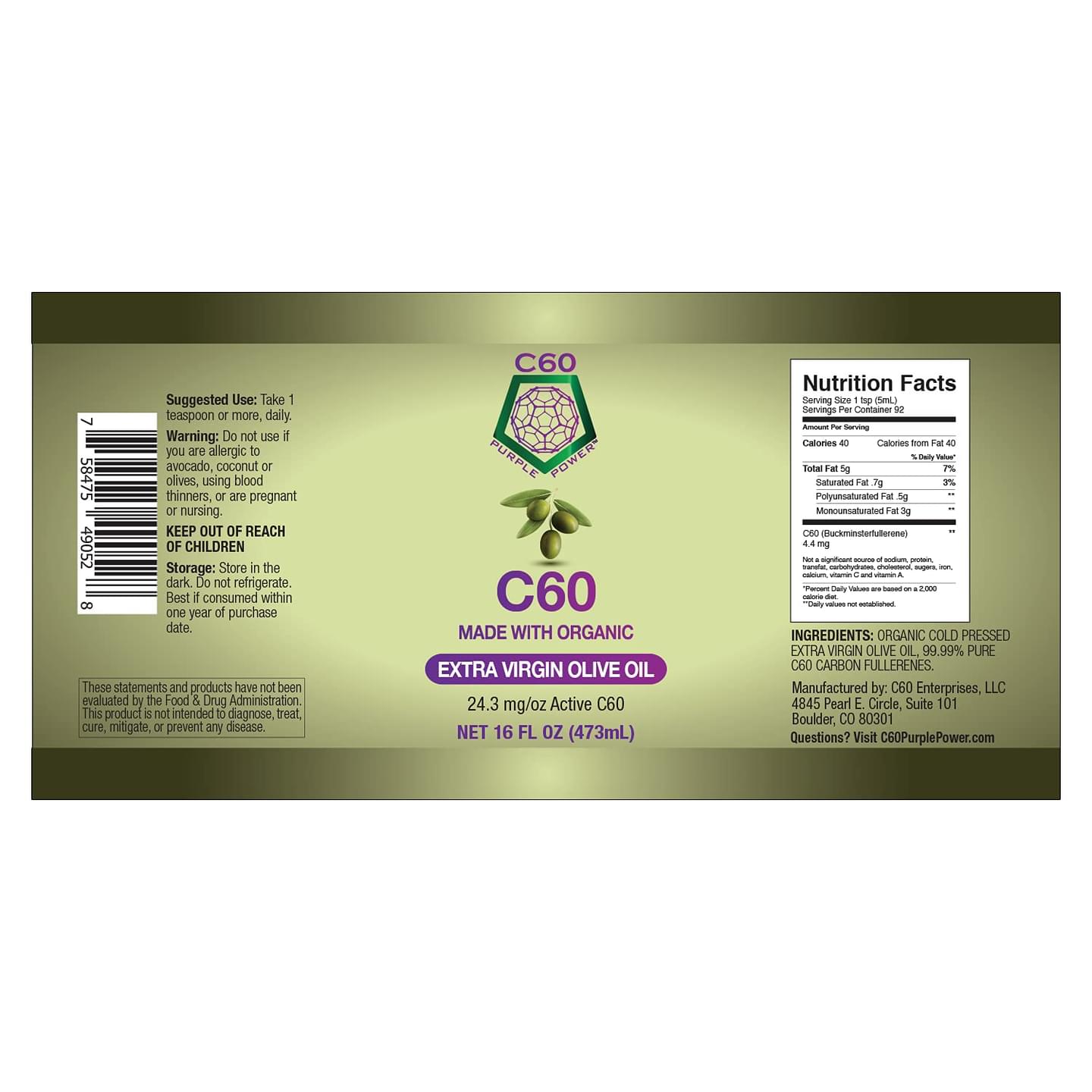 C60 Power C60 in Organic Extra Virgin Olive Oil - Natural Wellness Support for Men & Women, 99.99% Pure Carbon Fullerenes, Promotes Energy, Mental Clarity, & Stamina - 16 fl oz Bottle 16 Fl Oz (Pack of 1)