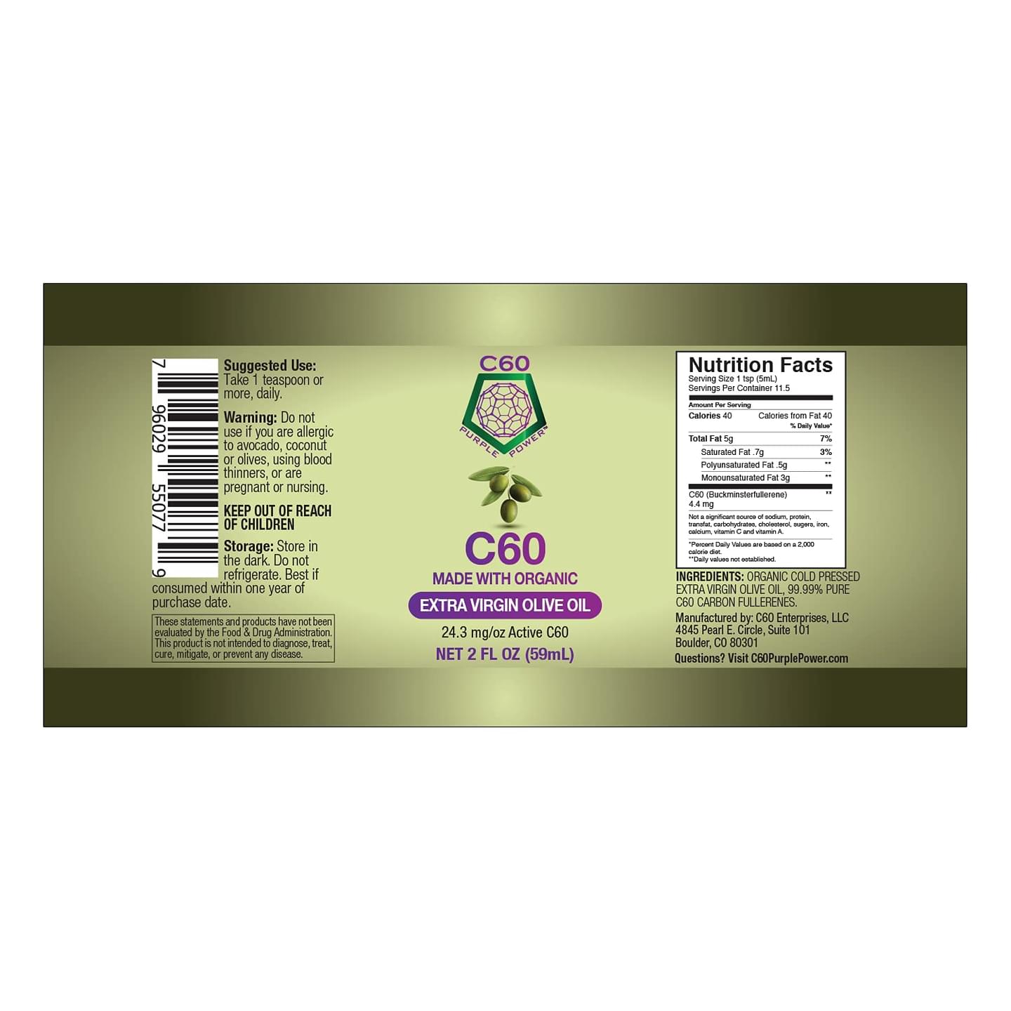 C60 Power C60 in Organic Extra Virgin Olive Oil - Natural Wellness Support for Men & Women, 99.99% Pure Carbon Fullerenes, Promotes Energy, Mental Clarity, & Stamina - 2 fl oz Bottle 2 Fl Oz (Pack of 1)