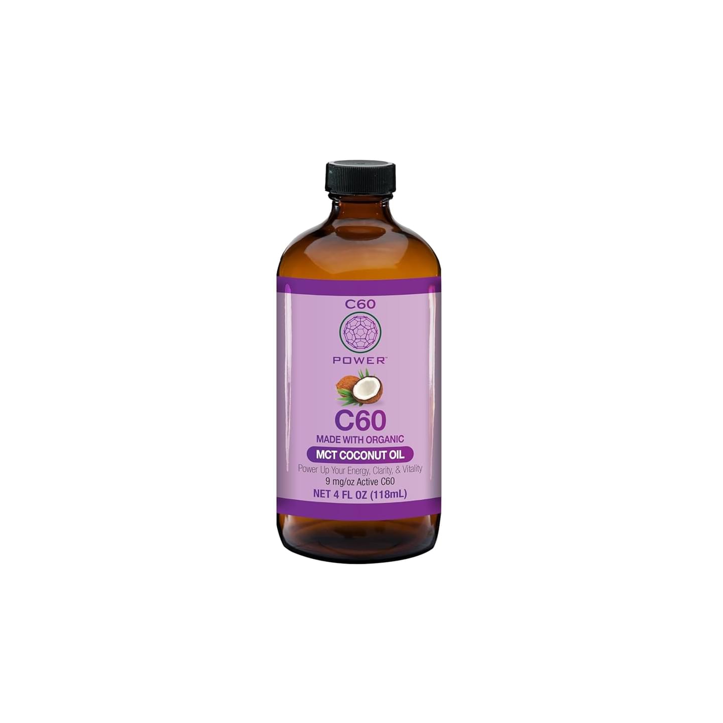 C60 Power C60 in Organic MCT Coconut Oil - Natural Wellness Support for Men & Women, 99.99% Pure Carbon Fullerenes, Promotes Energy, Mental Clarity, & Stamina - 4 fl oz Bottle 4 oz