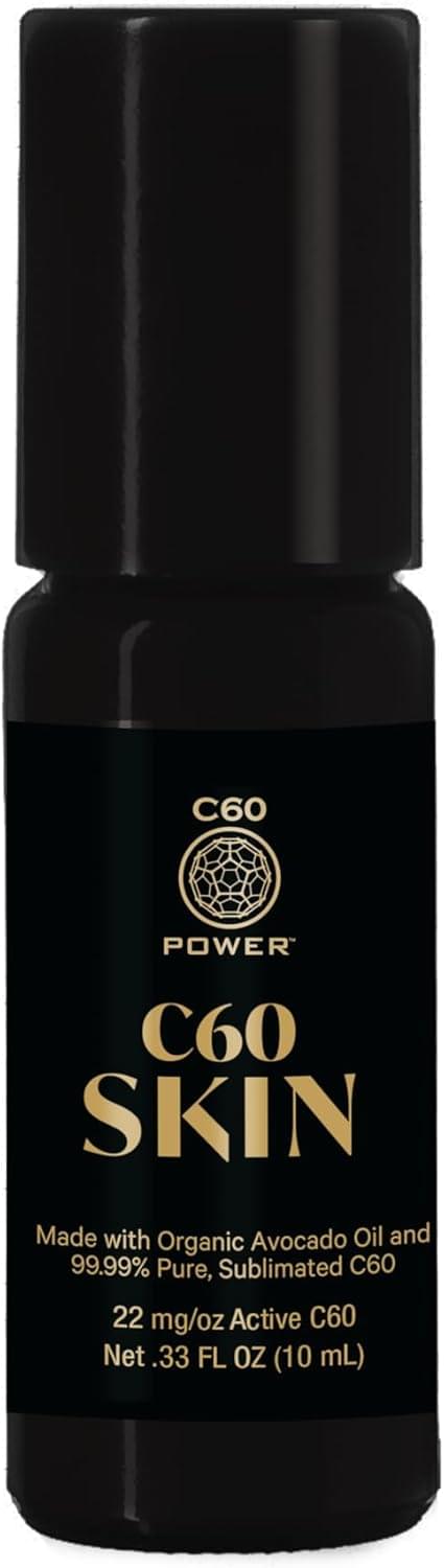 C60 Power Skin Roll On - Roller for Face, Hands & Body, Made with Organic Avocado Oil & 99.99% Pure Sublimated Carbon 60, Age Defying Skin Care, Natural Support for Wrinkles & Dry Patches - 0.33 fl oz C60 Skin 0.33 Fl Oz (Pack of 1)