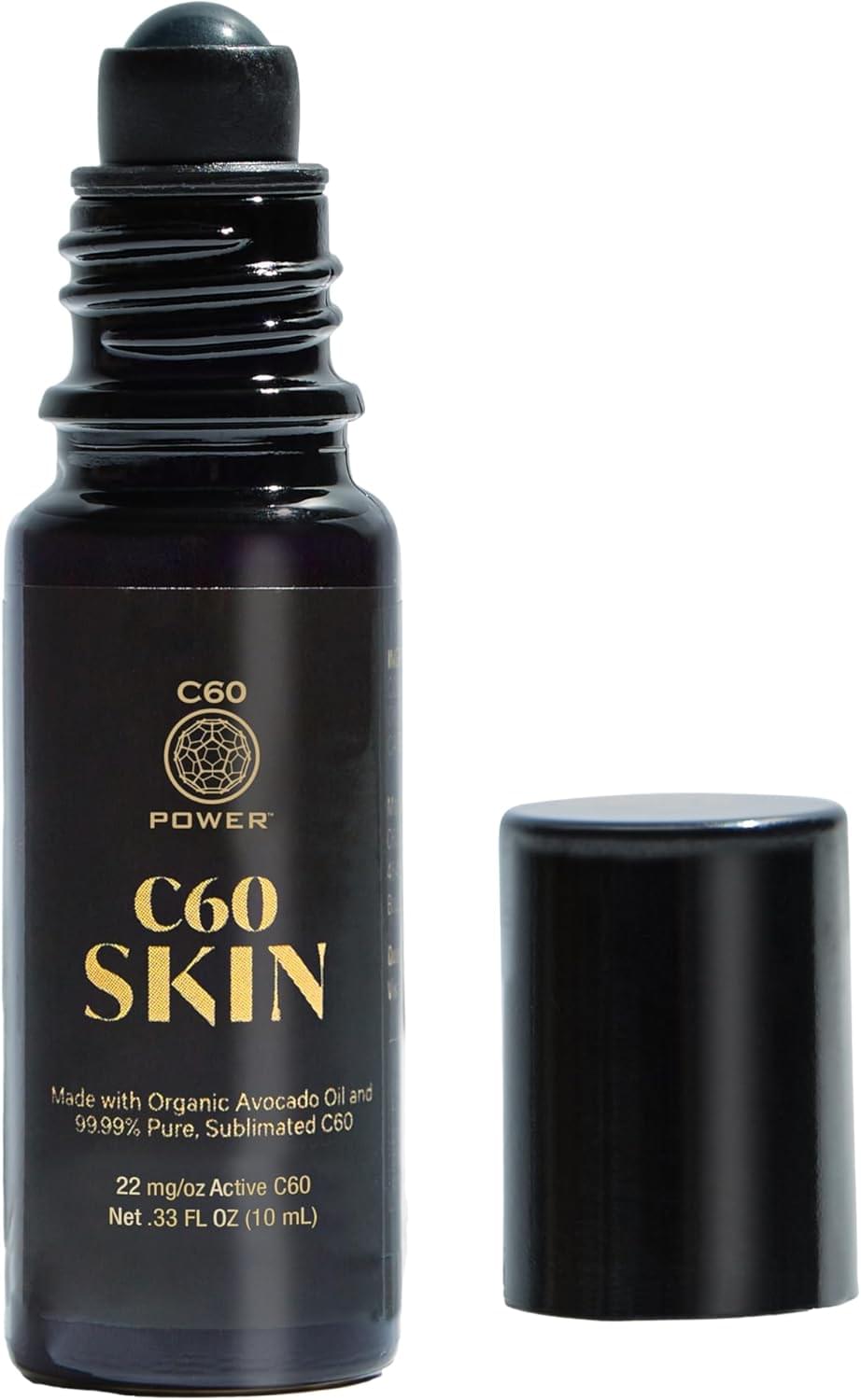 C60 Power Skin Roll On - Roller for Face, Hands & Body, Made with Organic Avocado Oil & 99.99% Pure Sublimated Carbon 60, Age Defying Skin Care, Natural Support for Wrinkles & Dry Patches - 0.33 fl oz C60 Skin 0.33 Fl Oz (Pack of 1)