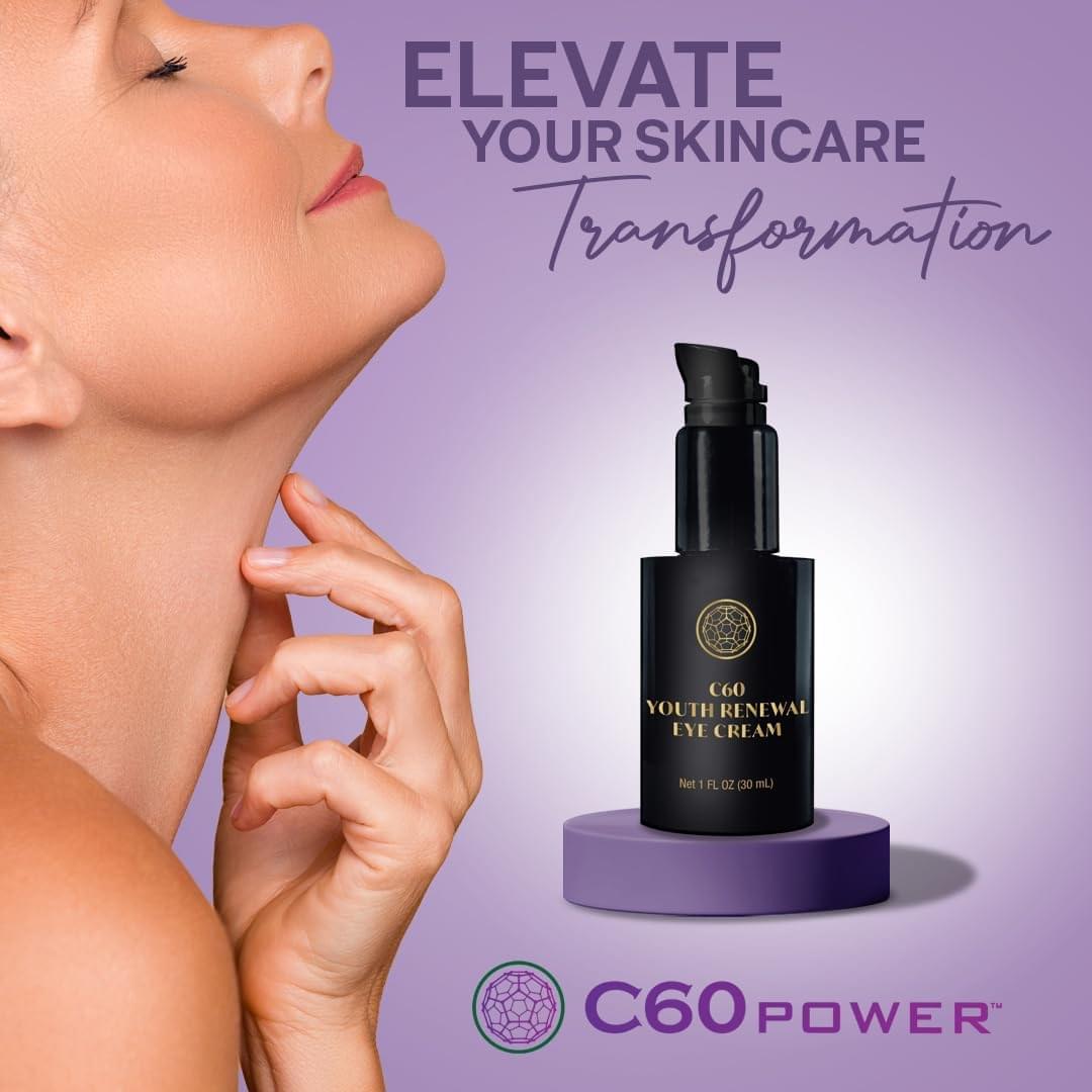 C60 Power Youth Renewal Eye Cream - Eye Cream for Wrinkles & Puffiness, Anti Aging Skin Care for Women & Men, With 99.99% Pure Sublimated C60, Copper Peptides, & High-Quality Ingredients - 1 fl oz C60 Eye Cream 1 Fl Oz (Pack of 1)