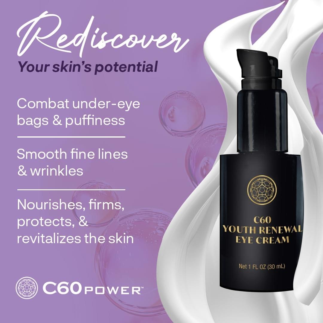 C60 Power Youth Renewal Eye Cream - Eye Cream for Wrinkles & Puffiness, Anti Aging Skin Care for Women & Men, With 99.99% Pure Sublimated C60, Copper Peptides, & High-Quality Ingredients - 1 fl oz C60 Eye Cream 1 Fl Oz (Pack of 1)