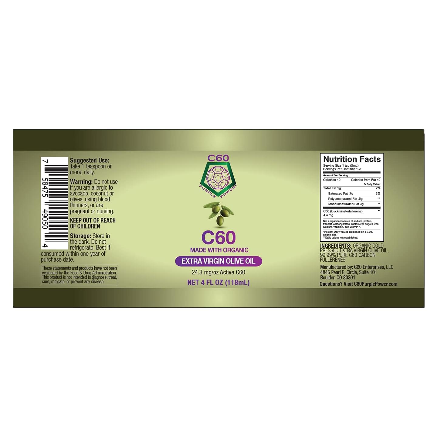C60 Purple Power Organic Extra Virgin Olive Oil, 4 Fl Oz Organic Cold-Pressed Olive Oil, 99.99% Pure c60 Carbon Fullerenes, Lift the Oxidative Burden at the Cellular Level, Optimize Mitochondrial Function 4 Fl Oz (Pack of 1)