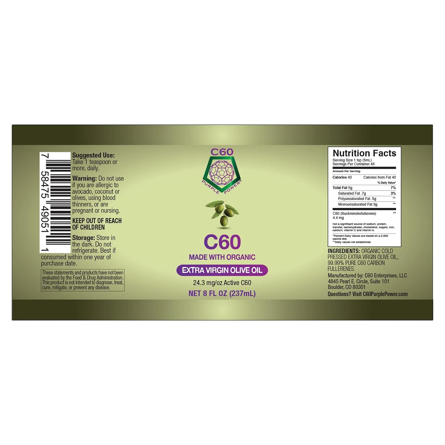 C60 Purple Power Organic Extra Virgin Olive Oil (8 Fl Oz) 99.99% Pure Carbon 60 Antioxidant - Third-Party Tested for Purity, Quality & Concentration - Made in the USA 8 Fl Oz (Pack of 1)