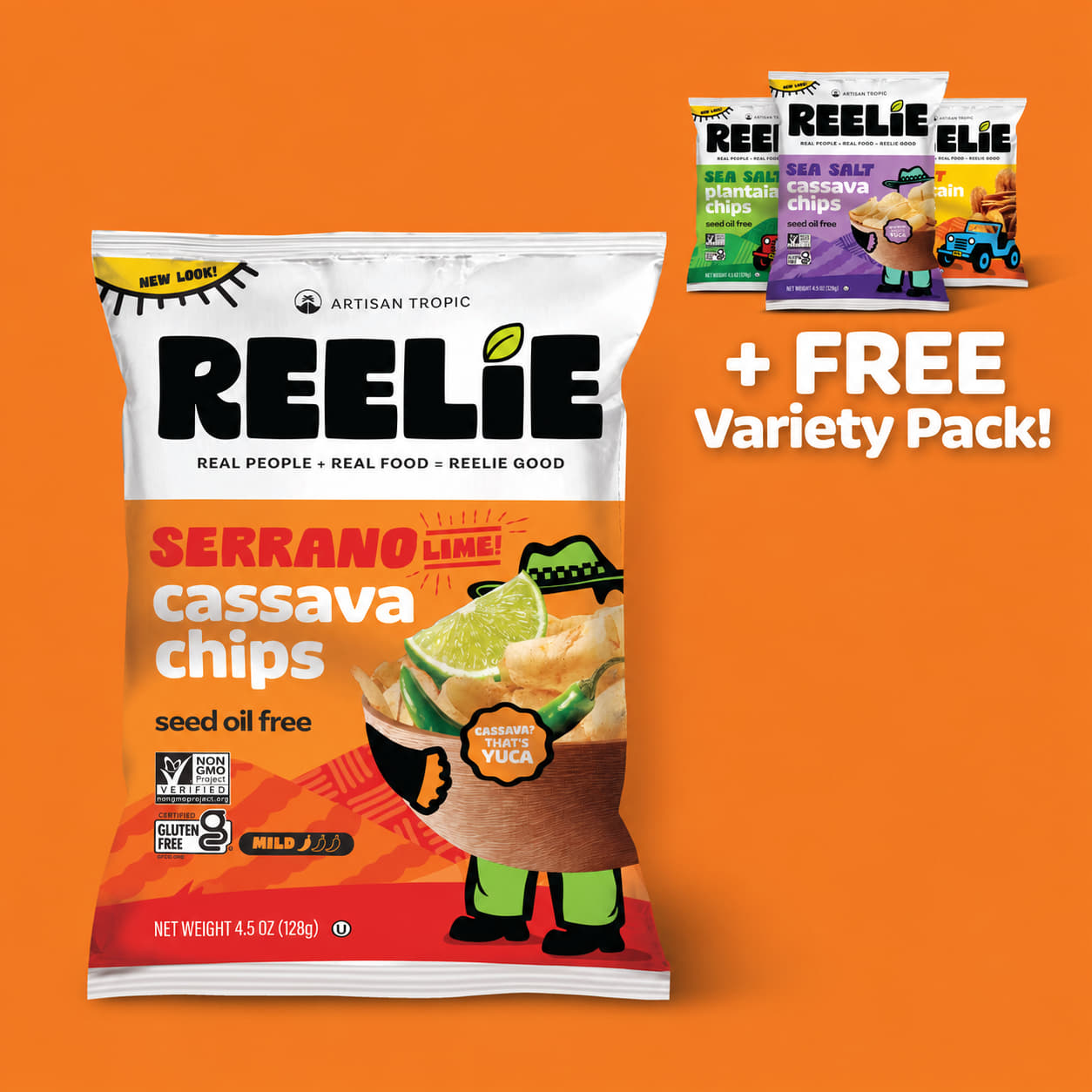 Reelie Serrano Lime Cassava Chips| 12 Snackable 4.5oz bags + FREE Variety Pack!