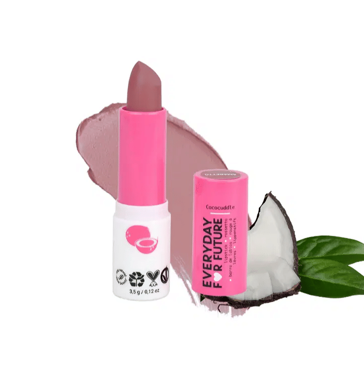 Coconut Lip Essentials: 2 Lip Oils (1 clear & 1 pink), 1 Lipstick Amaretto, 1 Lip Scrub & Balm Kit 