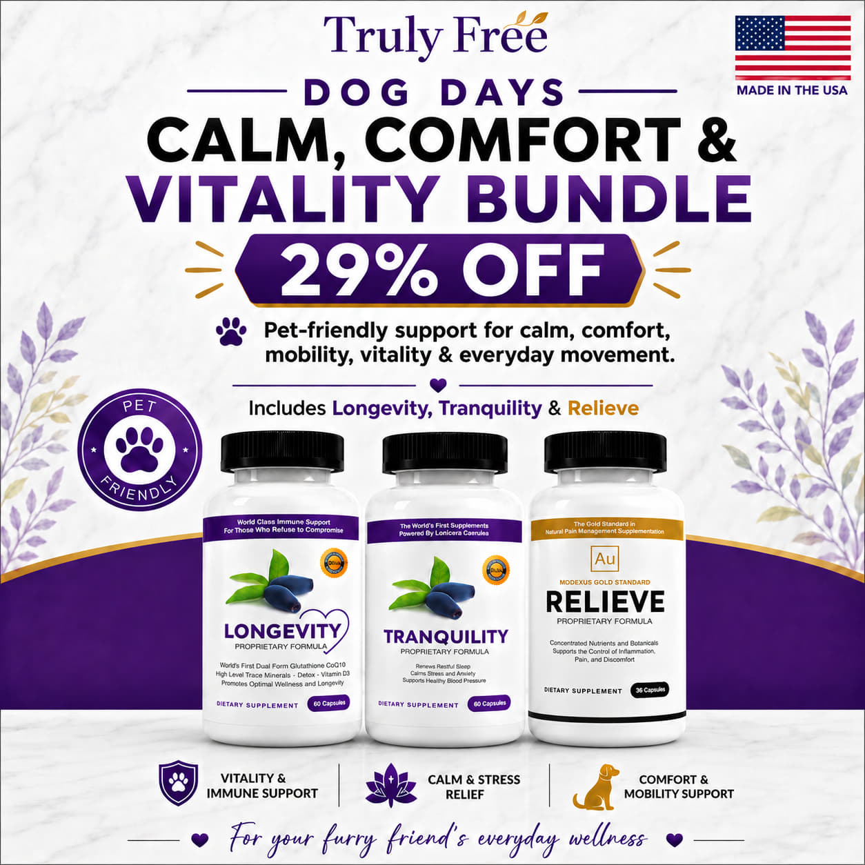 Calm, Comfort & Vitality Pet Bundle including Longevity + Tranquility + Relieve
