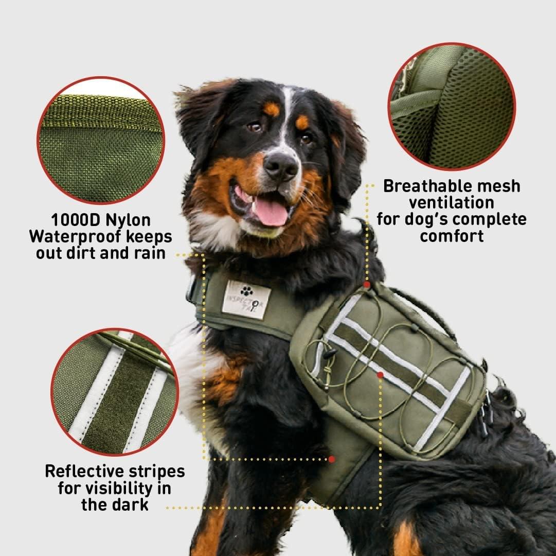 Comfortable Backpack for Anxious & Energetic Dogs w Treat Bag Bundle | Saddle Bag for More Focused & Calmer Hound | Reflective & Lightweight Harness w Roomy Pockets | Khaki