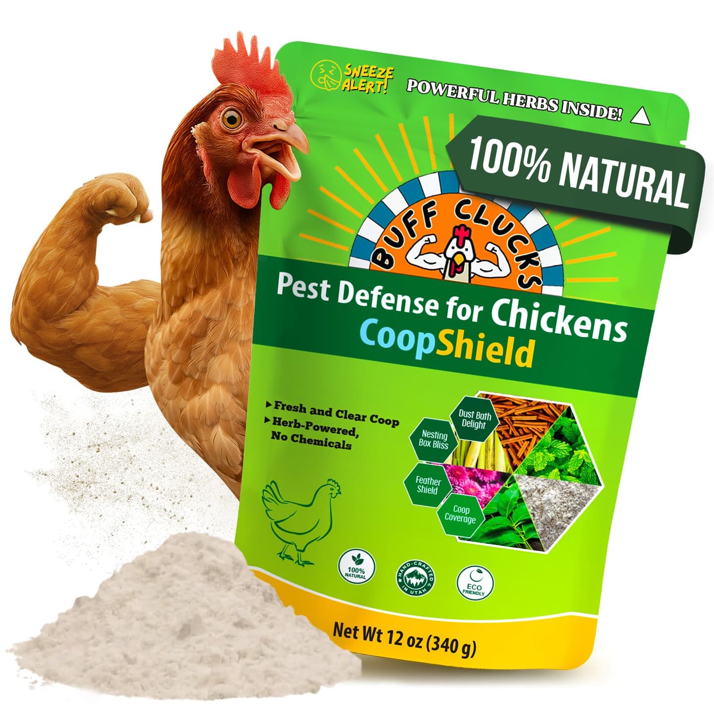 CoopShield—Herbal Pest Defense for Chickens – Diatomaceous Earth Powder, Peppermint Oil Blend - REGULAR (12 oz)