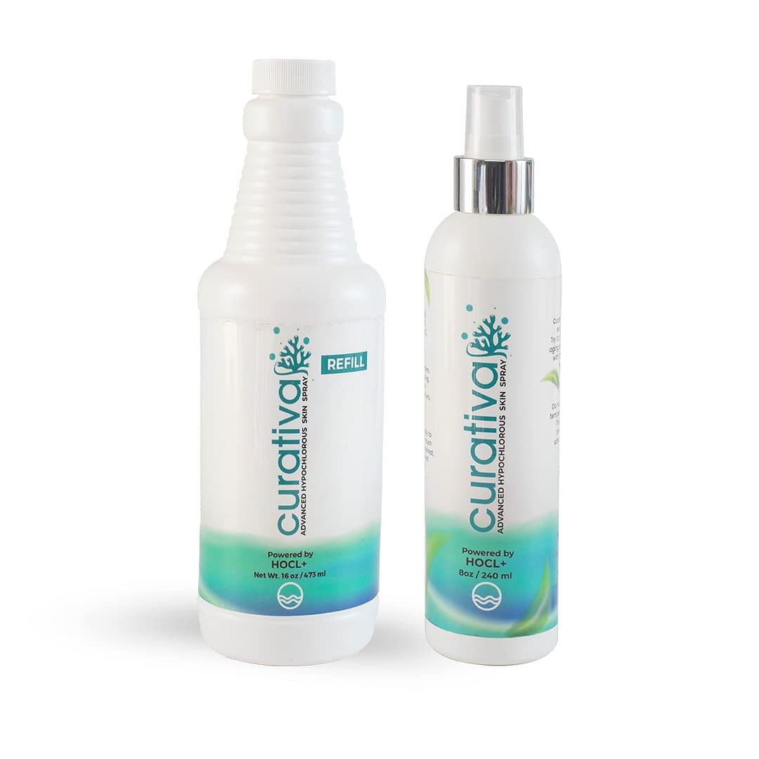 Curativa Bay - .02% Hypochlorous Skin Spray for Clear Skin - New Bundle - 8 Oz Mist Plus 16 Oz Refill (24 Oz)