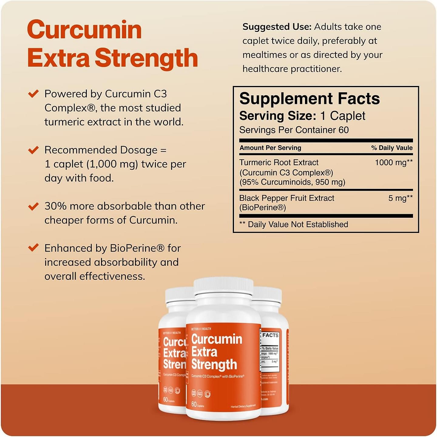 Curcumin Extra Strength - Turmeric Curcumin C3 Complex + BioPerine - 1000mg 60 Caplets