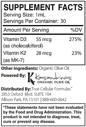 CytoD+K2 1 FL OZ Vitamin D Vitamin K2 Organic Olive Oil Immune Support Drops 30 Servings