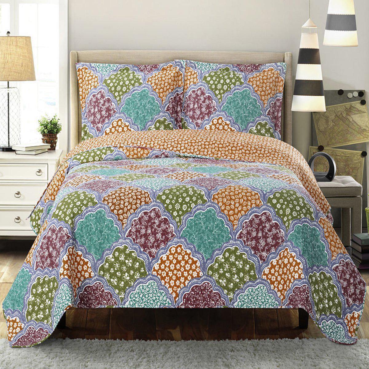 Dahlia Reversible Floral Pattern Bed Quilt Sets Hypoallergenic 100% Microfiber Set, Full/Queen