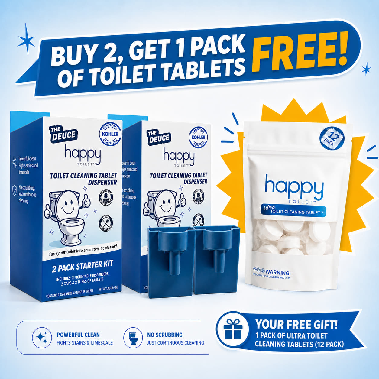 LIMITED TIME OFFER: Buy 2 Happy Toilet Cleaner™ Devices - Kohler Compatible, Get 1 Free Happy Tablet Pack!