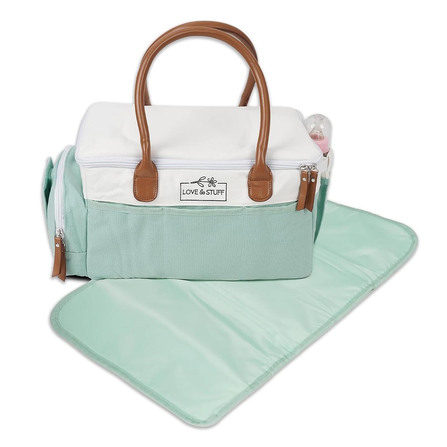 Diaper Caddy | Diaper Caddy Organizer | Waterproof and Portable Diaper Caddy Organizer with Lid | Durable Sage & White Travel Diaper Caddy | Spacious & Customizable Diaper Caddy with Changing Pad