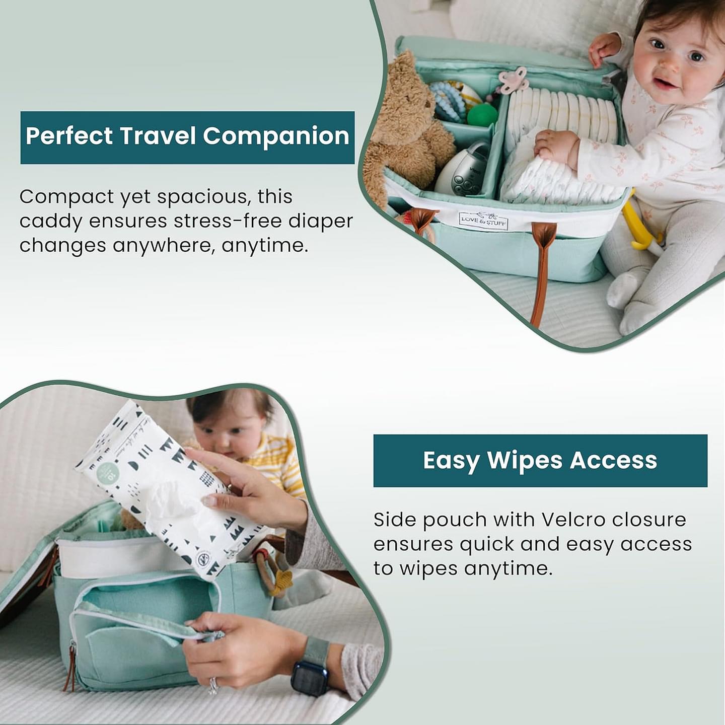 Diaper Caddy | Diaper Caddy Organizer | Waterproof and Portable Diaper Caddy Organizer with Lid | Durable Sage & White Travel Diaper Caddy | Spacious & Customizable Diaper Caddy with Changing Pad