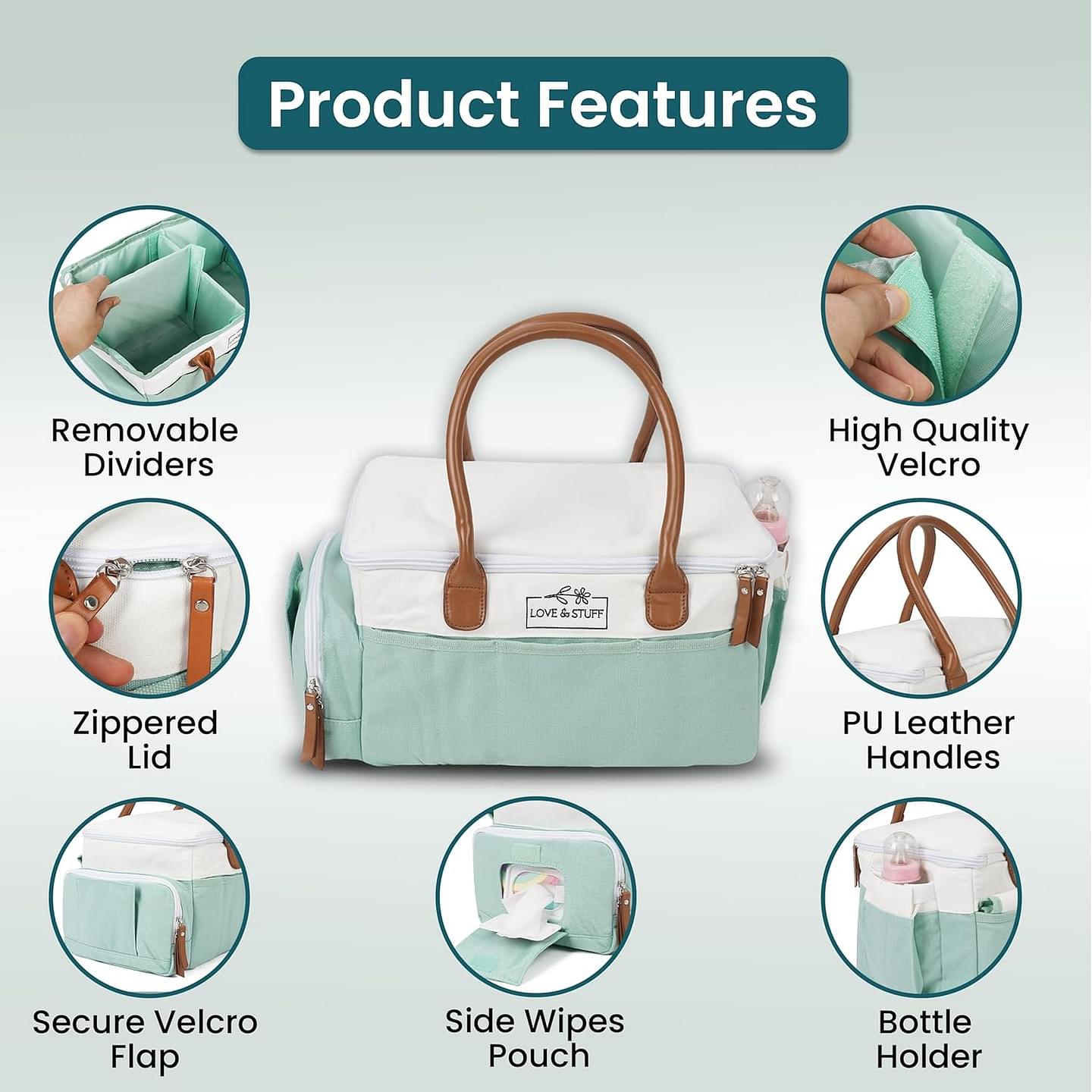 Diaper Caddy | Diaper Caddy Organizer | Waterproof and Portable Diaper Caddy Organizer with Lid | Durable Sage & White Travel Diaper Caddy | Spacious & Customizable Diaper Caddy with Changing Pad