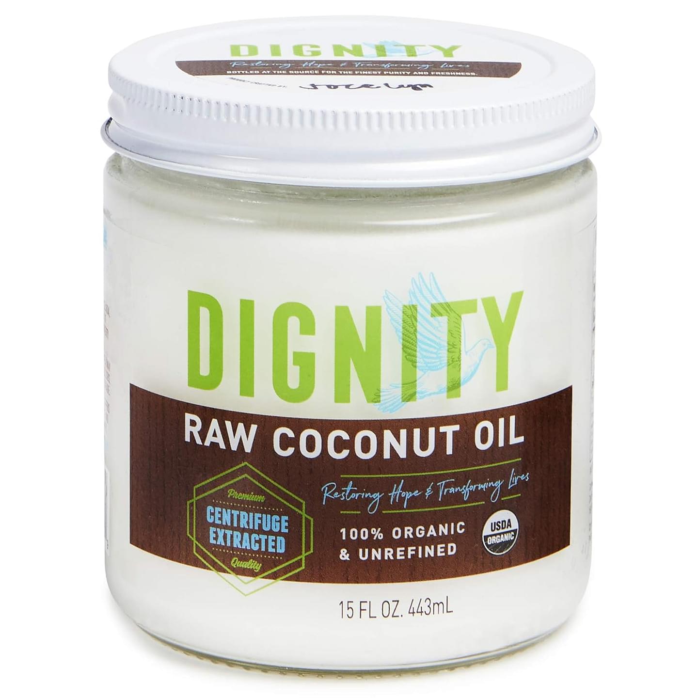 Dignity Coconuts Raw Coconut Oil - 100% Organic Unrefined Coconut Oil - 15 fl oz Glass Jar - Centrifuge Extracted 15 Fl Oz (Pack of 1)