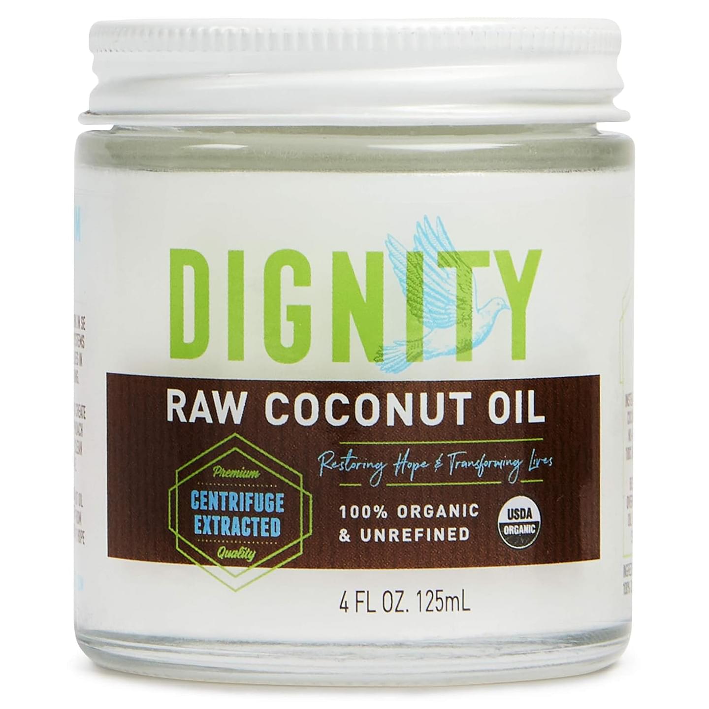 Dignity Coconuts Raw Coconut Oil - 100% Organic Unrefined Coconut Oil - 4 fl oz Glass Jar - Centrifuge Extracted 4 Fl Oz (Pack of 1)