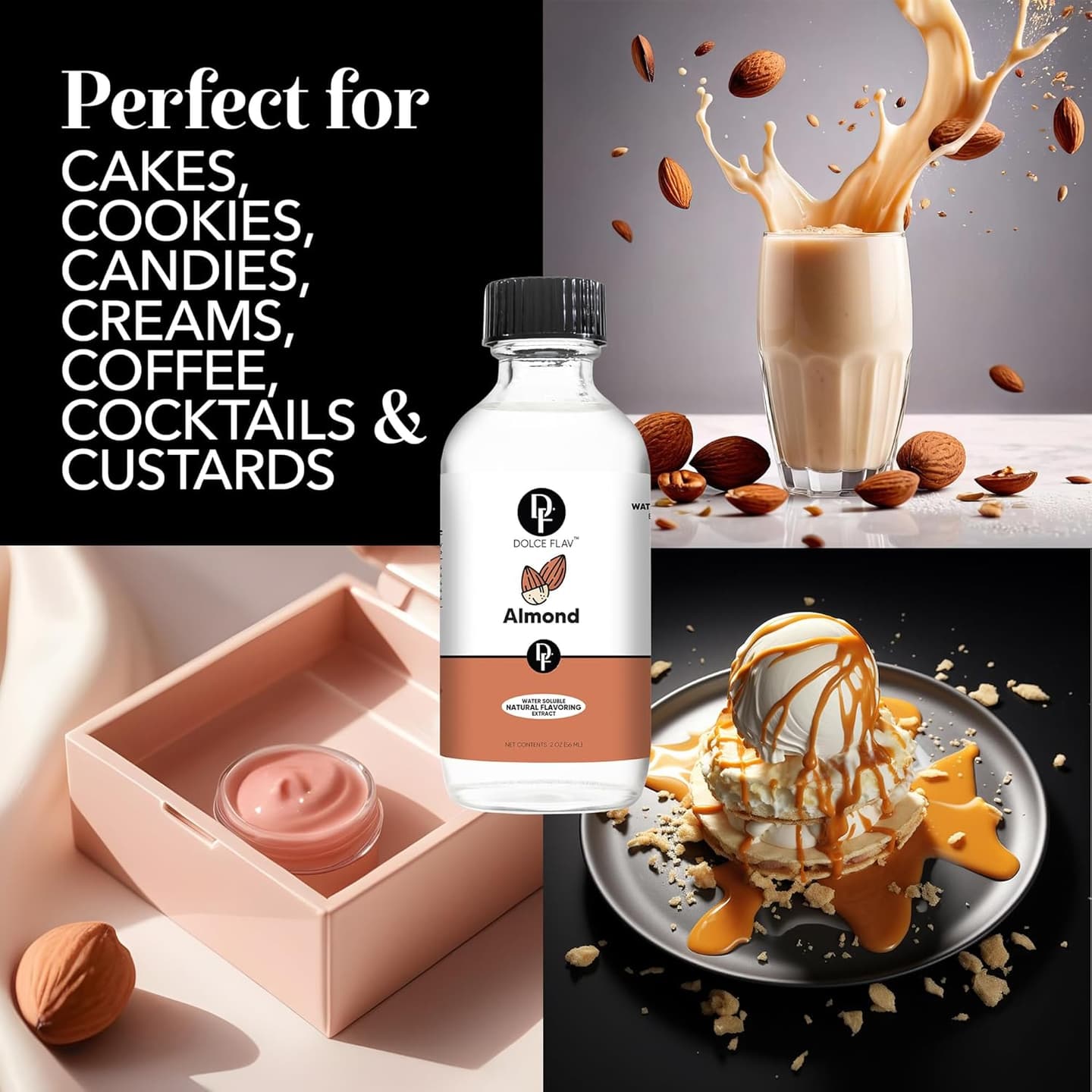 Dolce Flav Natural Almond Extract 2 oz – Kosher, Sugar-Free, Concentrated Pure Almond Flavoring for Baking, Pastries & Beverages, Includes Measured Dropper