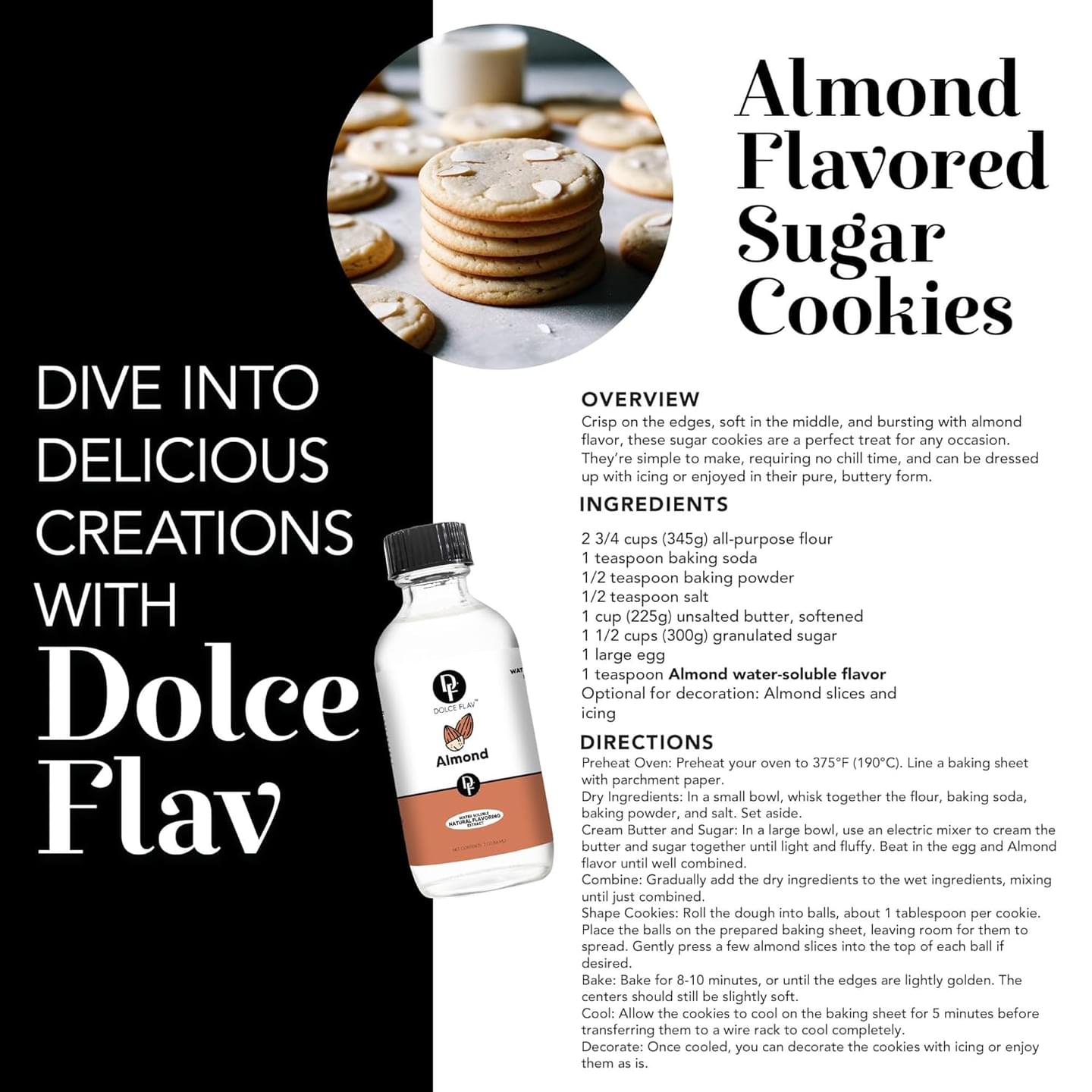 Dolce Flav Natural Almond Extract 2 oz – Kosher, Sugar-Free, Concentrated Pure Almond Flavoring for Baking, Pastries & Beverages, Includes Measured Dropper