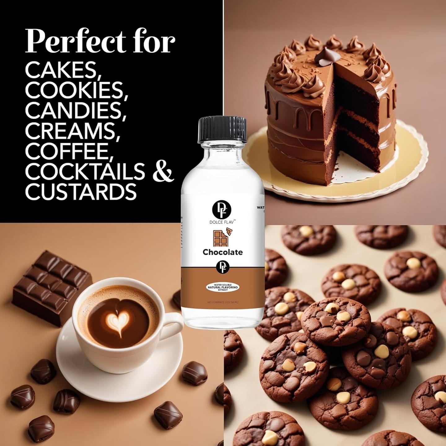 Dolce Flav Natural Chocolate Extract – Sugar-Free & Kosher – Pure Cocoa Flavor for Baking, Coffee, Ice Cream, Smoothies & Desserts – Highly Concentrated – 2 oz