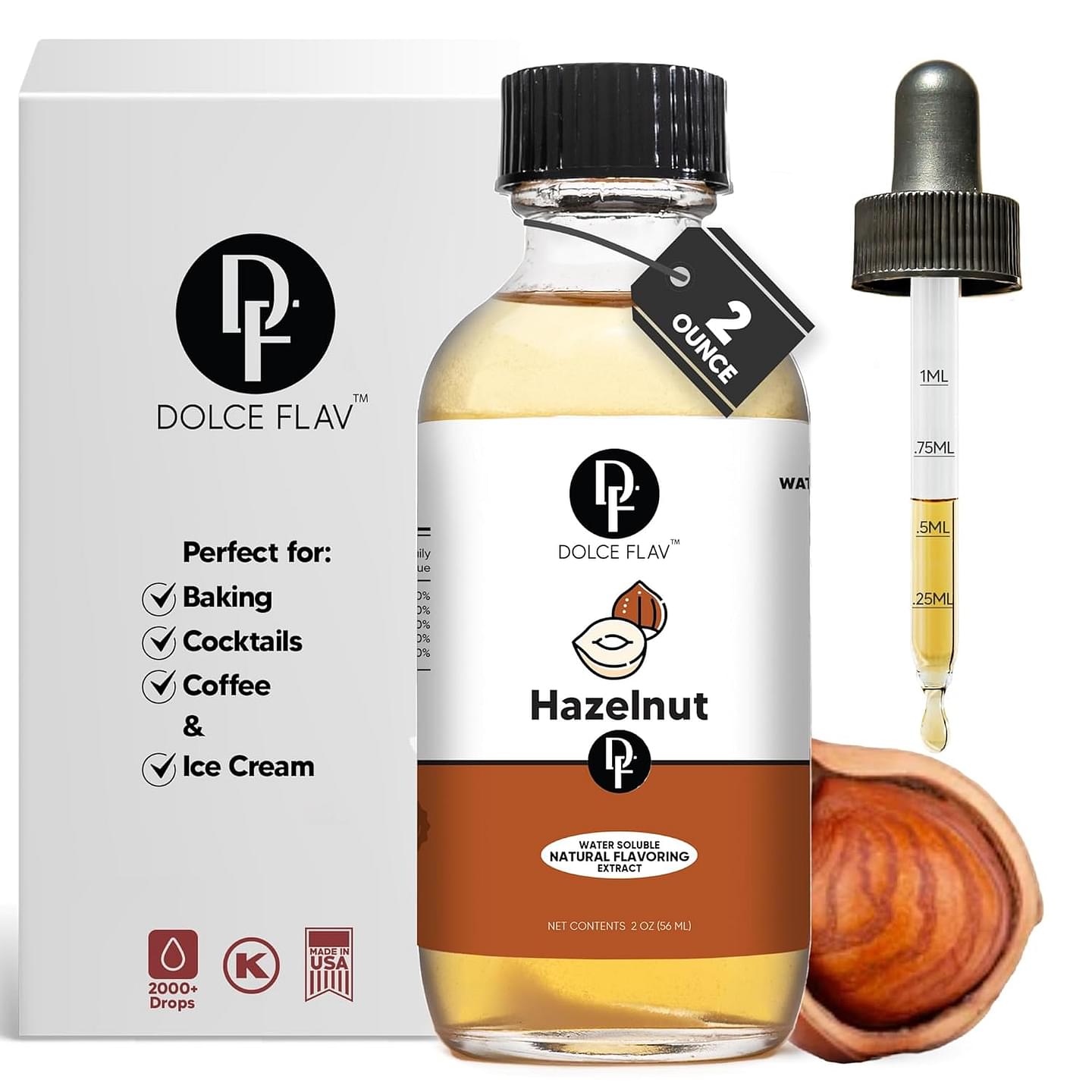 Dolce Flav Natural Hazelnut Extract 2 oz – Kosher, Sugar-Free, Concentrated Toasted Hazelnut Flavoring for Coffee, Baking & Desserts, Includes Measured Dropper