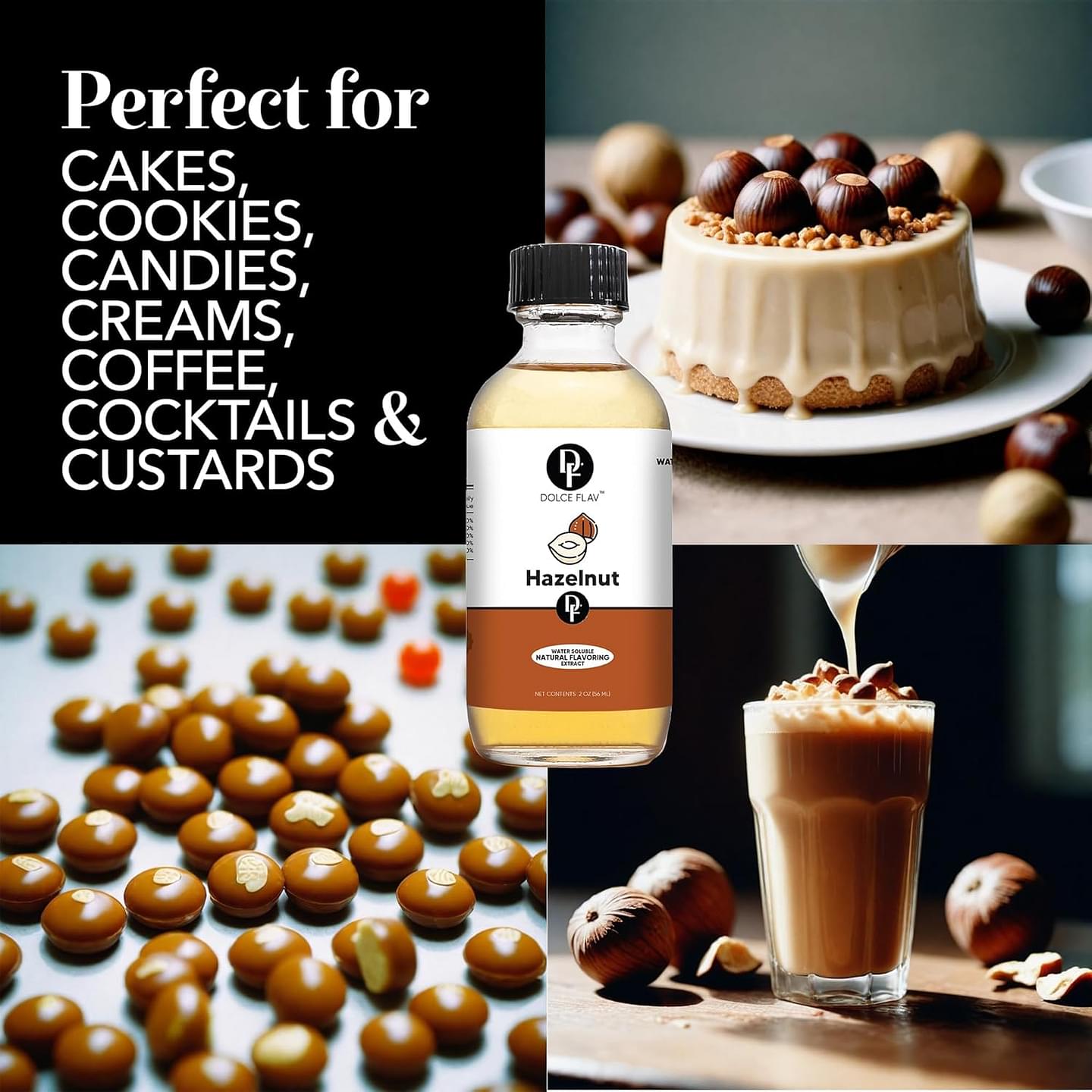 Dolce Flav Natural Hazelnut Extract 2 oz – Kosher, Sugar-Free, Concentrated Toasted Hazelnut Flavoring for Coffee, Baking & Desserts, Includes Measured Dropper