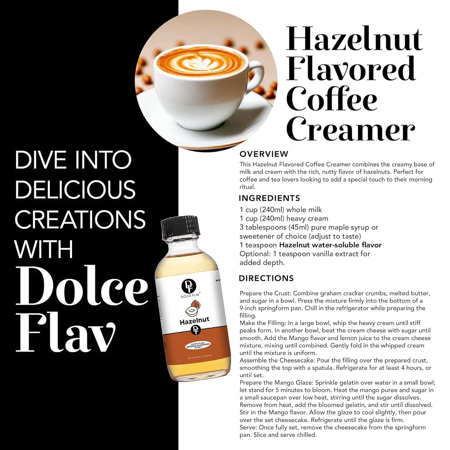 Dolce Flav Natural Hazelnut Extract 2 oz – Kosher, Sugar-Free, Concentrated Toasted Hazelnut Flavoring for Coffee, Baking & Desserts, Includes Measured Dropper