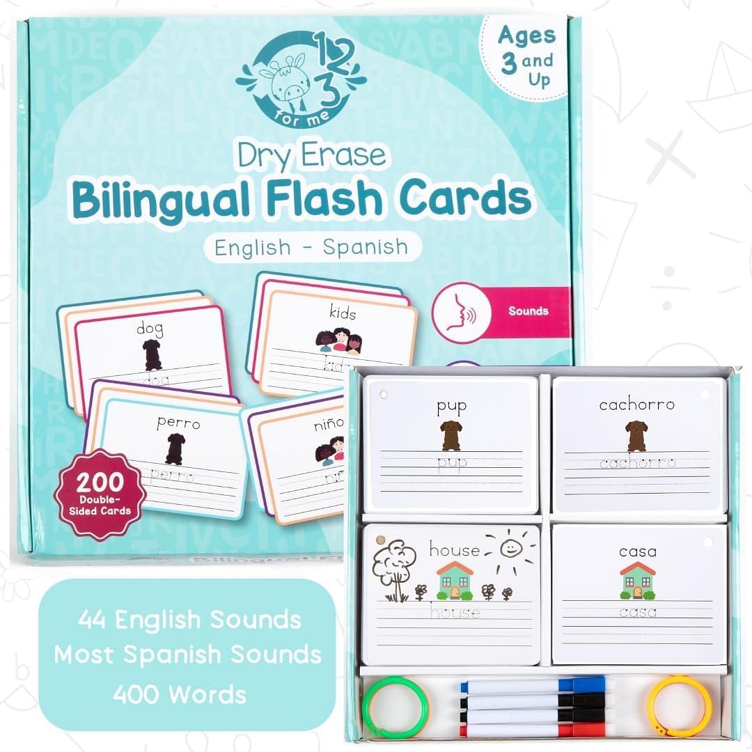 Dry Erase Spanish Flash Cards for Kids | English - Spanish Alphabet Flash Cards for Beginners - Set of 200 ESL Teaching and Learning Bilingual Flash Cards for Writing and Reading Games.