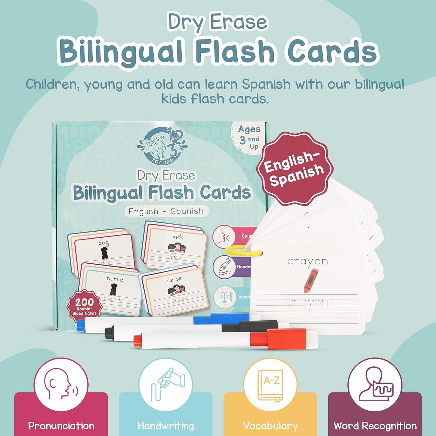 Dry Erase Spanish Flash Cards for Kids | English - Spanish Alphabet Flash Cards for Beginners - Set of 200 ESL Teaching and Learning Bilingual Flash Cards for Writing and Reading Games.