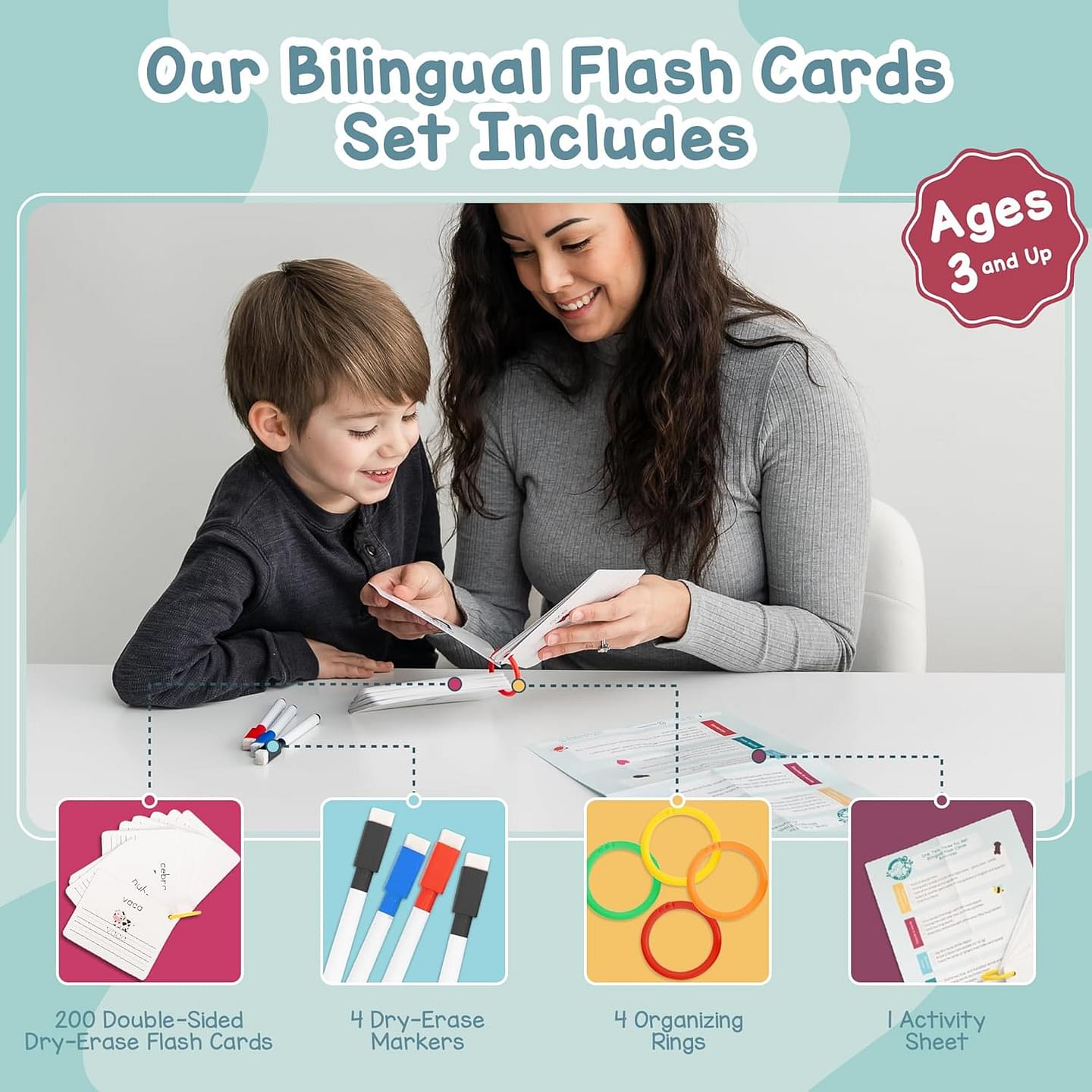 Dry Erase Spanish Flash Cards for Kids | English - Spanish Alphabet Flash Cards for Beginners - Set of 200 ESL Teaching and Learning Bilingual Flash Cards for Writing and Reading Games.