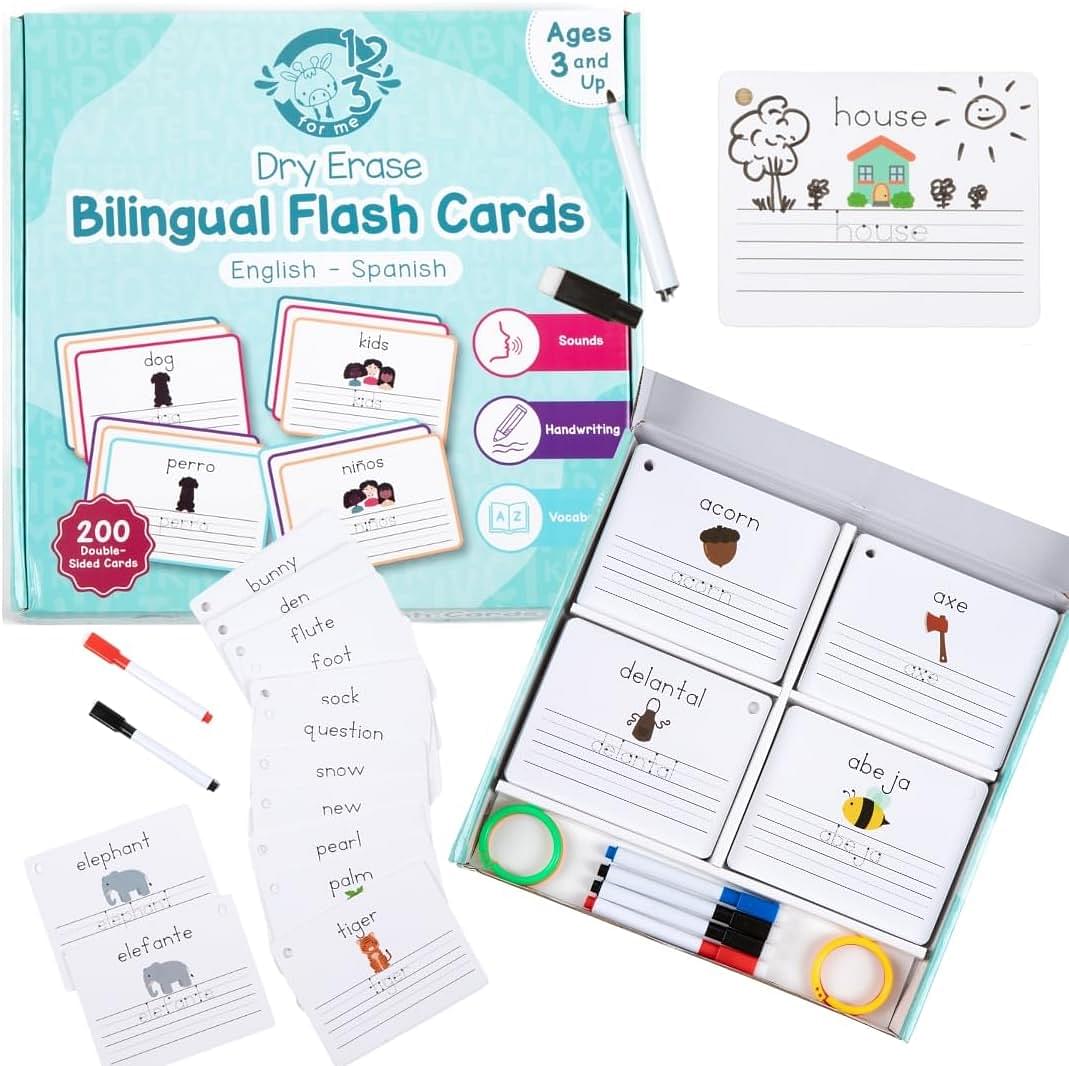 Dry Erase Spanish Flash Cards for Kids | English - Spanish Alphabet Flash Cards for Beginners - Set of 200 ESL Teaching and Learning Bilingual Flash Cards for Writing and Reading Games.