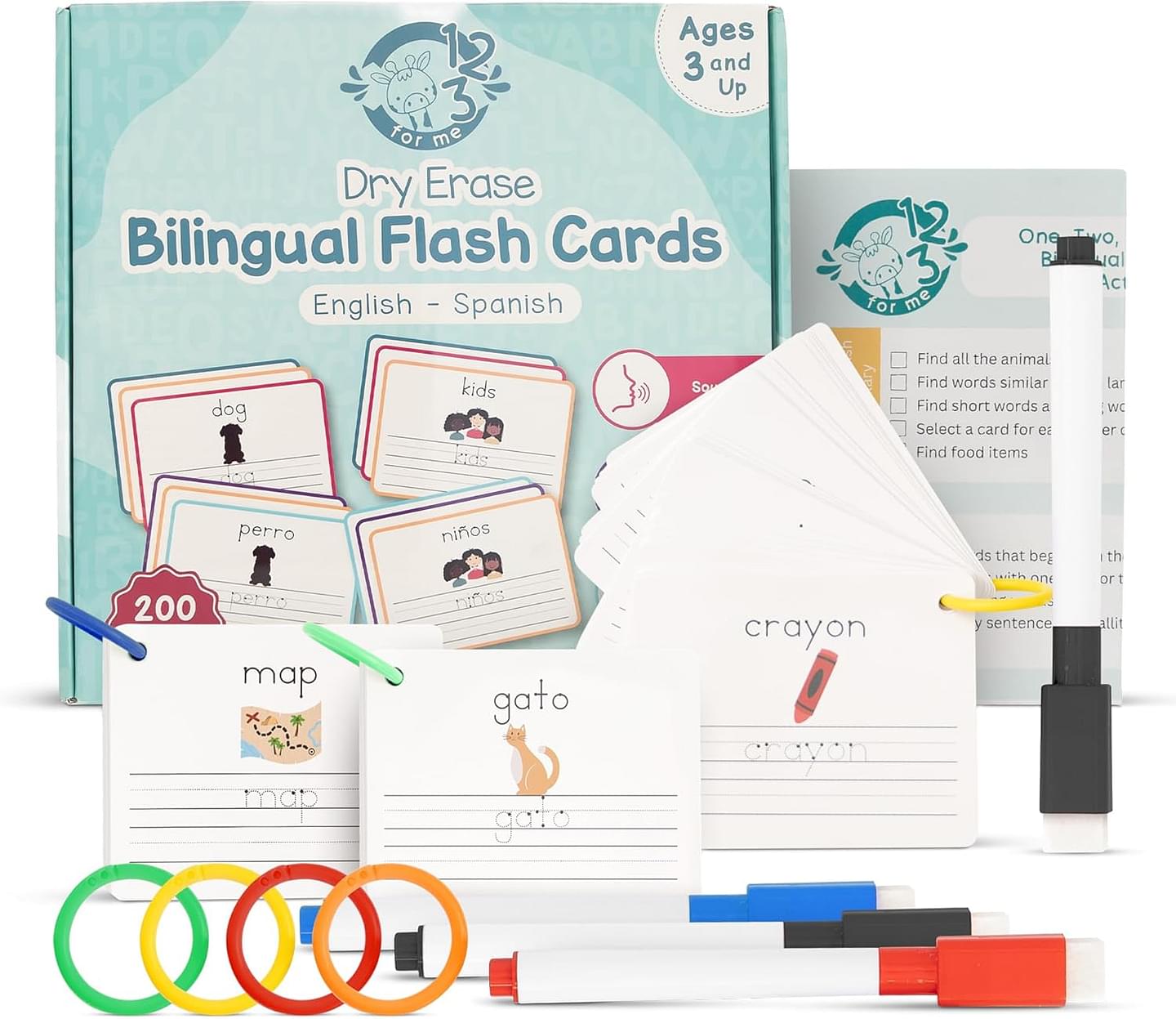 Dry Erase Spanish Flash Cards for Kids | English - Spanish Alphabet Flash Cards for Beginners - Set of 200 ESL Teaching and Learning Bilingual Flash Cards for Writing and Reading Games.