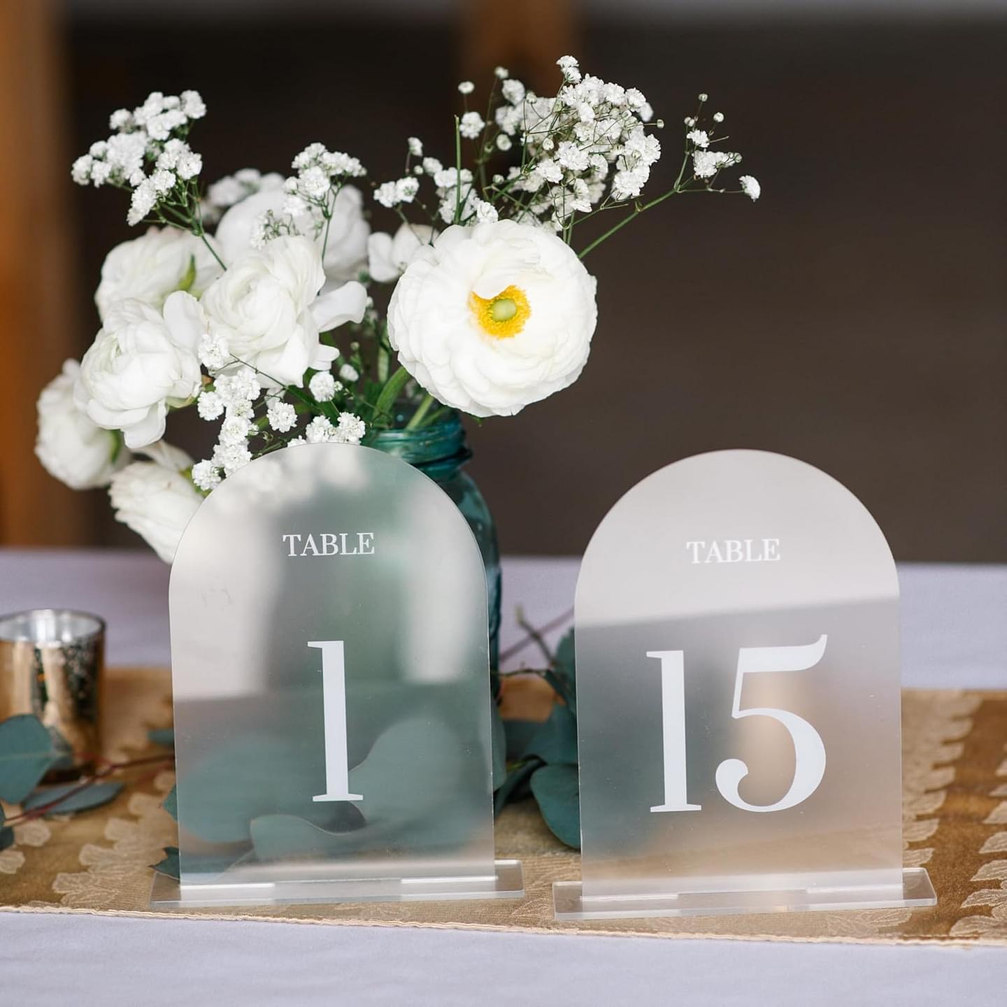 Elegant Acrylic Table Numbers - 1-15 Wedding Table Numbers w/ Stands - Frosted Background, Easy Assembly Acrylic Table Signs - Perfect Acrylic Sign Holder for Weddings, Showers, Parties & Events