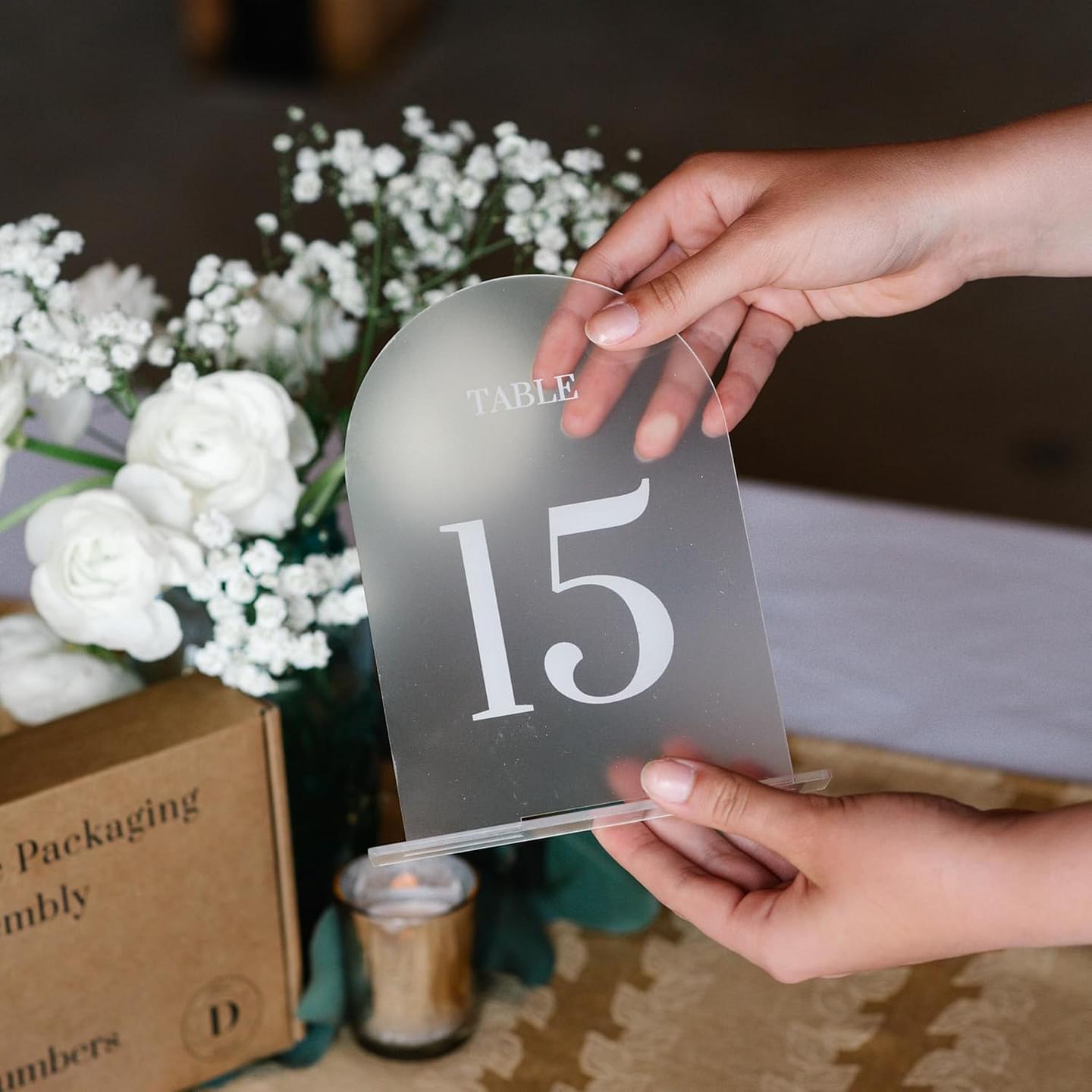 Elegant Acrylic Table Numbers - 1-15 Wedding Table Numbers w/ Stands - Frosted Background, Easy Assembly Acrylic Table Signs - Perfect Acrylic Sign Holder for Weddings, Showers, Parties & Events