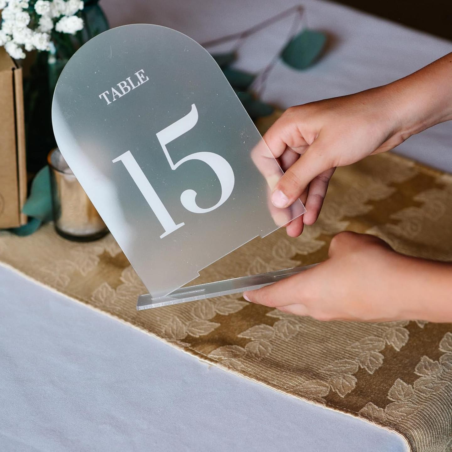 Elegant Acrylic Table Numbers - 1-15 Wedding Table Numbers w/ Stands - Frosted Background, Easy Assembly Acrylic Table Signs - Perfect Acrylic Sign Holder for Weddings, Showers, Parties & Events