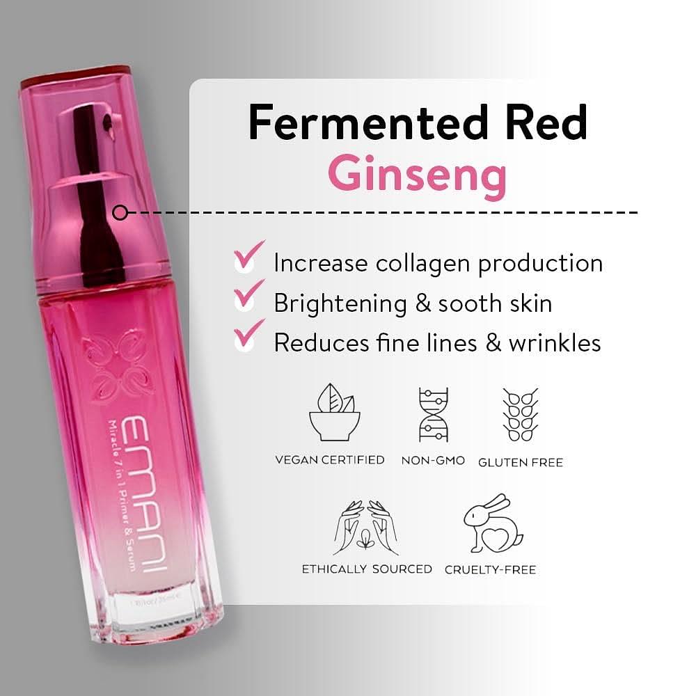 Emani Miracle 7in1 Primer Serum for Large Pores and Oily Skin, Infused With Korean Fermented Ginseng to Promote Collagen Brightening and Minimize Fine Lines Discolorations, 1.18 fl oz