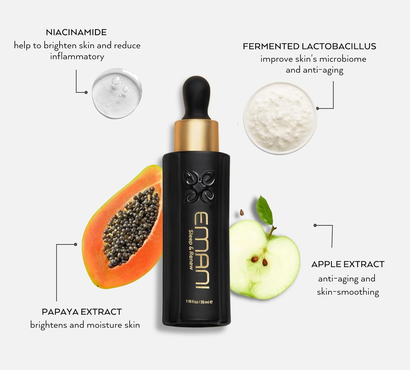 Emani Sleep and Renew Face Serum With Anti Aging and Wrinkle Reducing Properties, Hydrating Serum Contains Fermented Probiotics for Dull and Aging Skin for Women, 1.18 fl oz