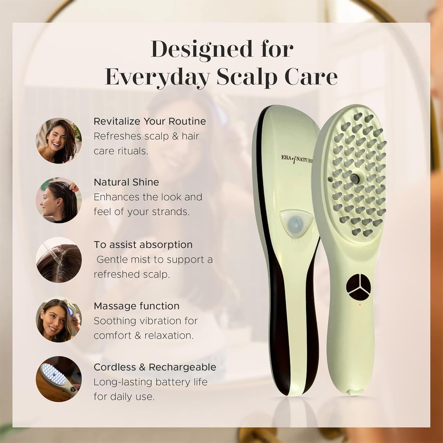 era of nature 4-in-1 Electric Scalp Massager for Thicker-Looking Hair & Root Vitality – Waterproof Vibrating Brush with Red & Blue Light – Rechargeable Follicle Stimulator for All Hair Types, Unisex image