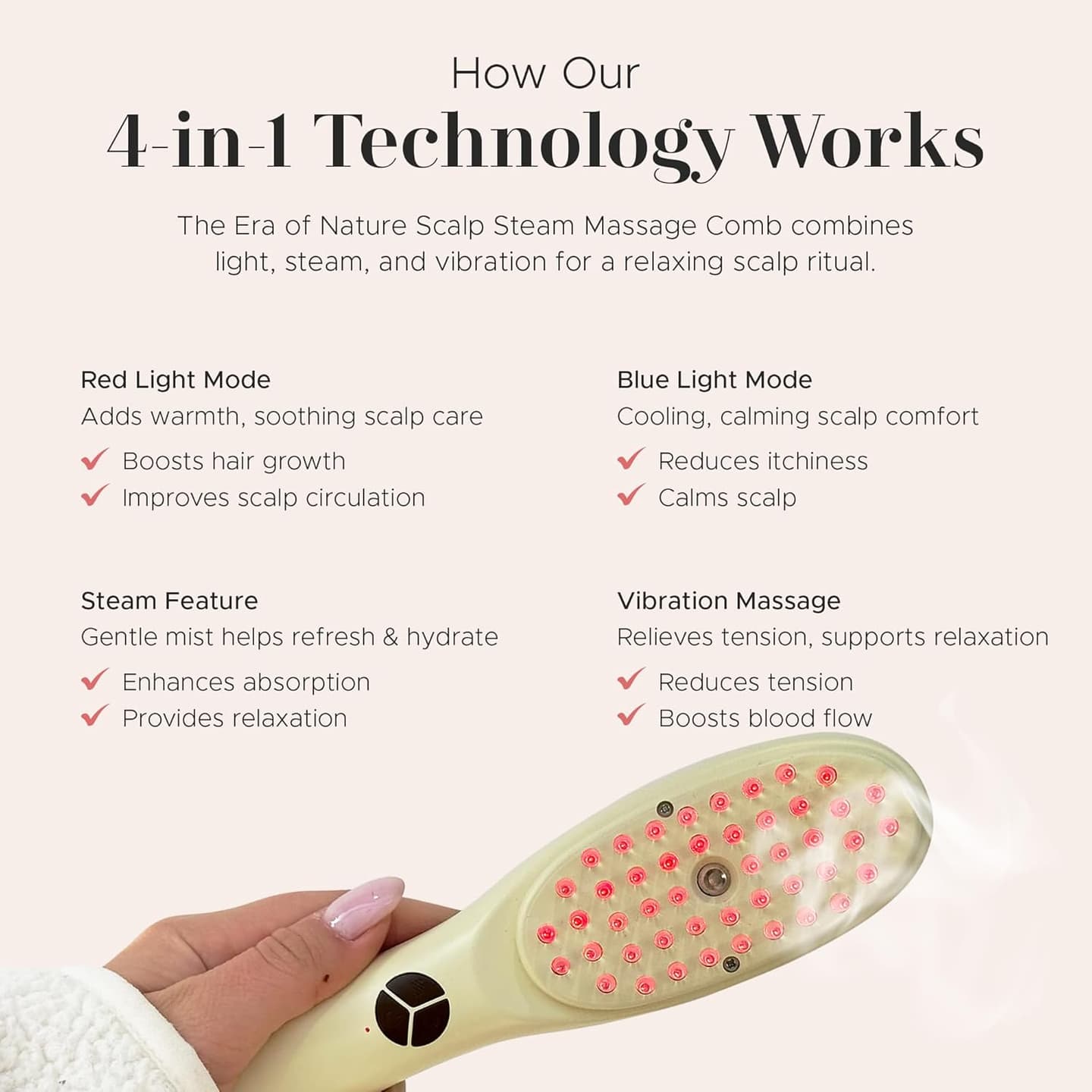 era of nature 4-in-1 Electric Scalp Massager for Thicker-Looking Hair & Root Vitality – Waterproof Vibrating Brush with Red & Blue Light – Rechargeable Follicle Stimulator for All Hair Types, Unisex image