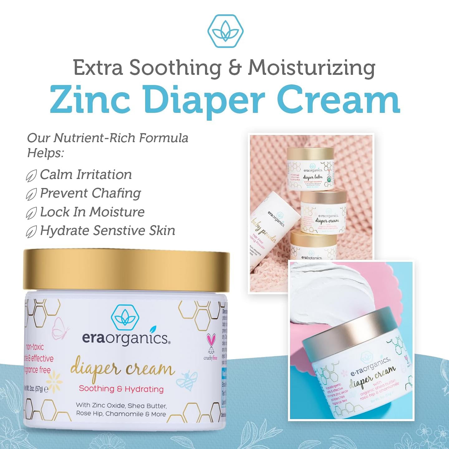 Era Organics Diaper Rash Cream For Baby - Extra Soothing and Moisturizing Baby Diaper Cream with Organic Aloe Vera, Chamomile, Calendula and More - Gentle Baby Rash Cream - Calming Zinc Oxide Cream