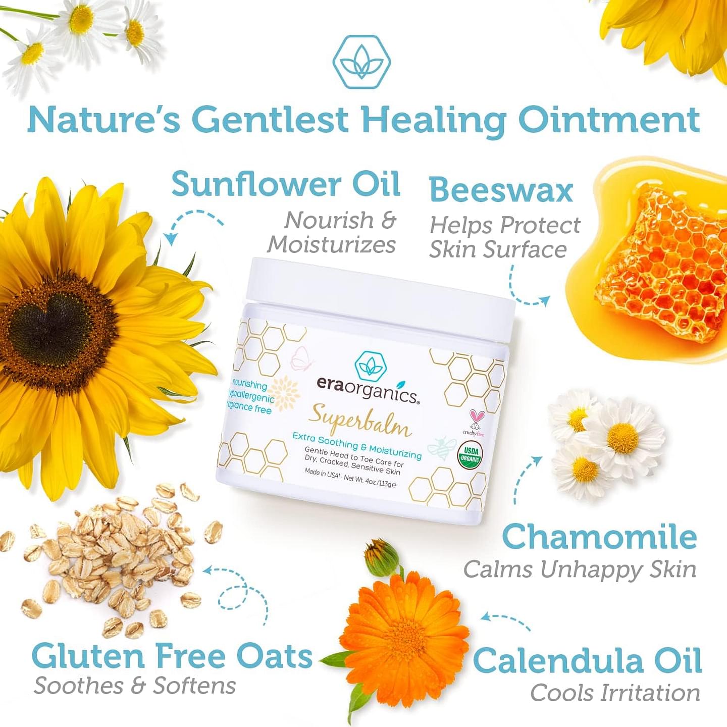 Era Organics Healing Ointment for Babies - USDA Certified Organic Natural Gentle Moisturizer for Sensitive Skin Prone To Baby Eczema, Cradle Cap (Infant Seborrheic Dermatitis), Rashes & Hives (4 oz.) Super Balm 4 Ounce (Pack of 1)