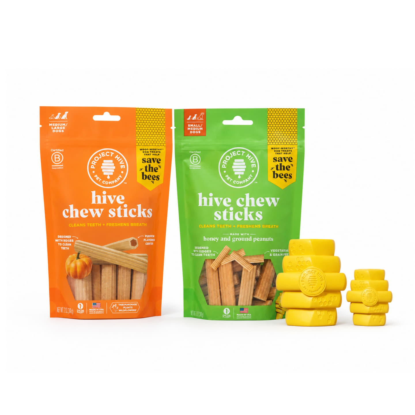 Big & Little Pup Bundle: 1 Large Hive Chew Toy, 1 Small Hive Chew Toy, Pumpkin Chew Sticks, plus FREE Small Hive Chew Sticks