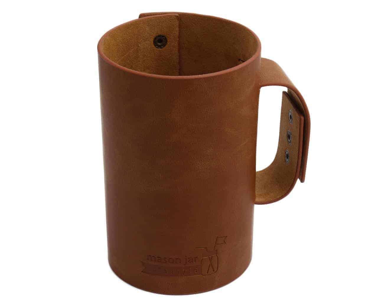 Faux Leather Sleeve with Handle / Travel Mug for Pint &amp; Half Mason Jars