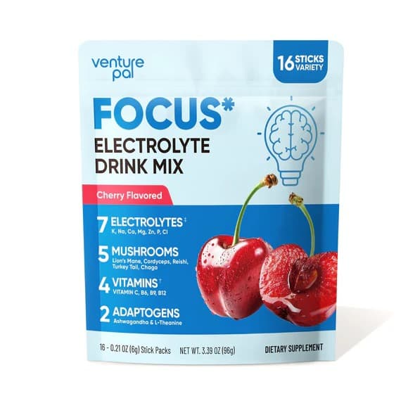 Focus Electrolyte Drink Mix - Cherry - Hydration Powder with 7 Electrolytes, Vitamins, Functional Mushrooms & Adaptogens for Focus, Energy & Recovery