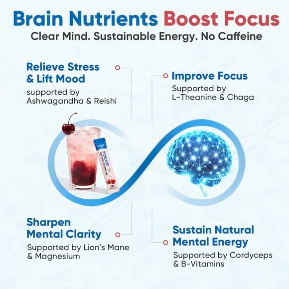 Focus Electrolyte Drink Mix - Cherry - Hydration Powder with 7 Electrolytes, Vitamins, Functional Mushrooms & Adaptogens for Focus, Energy & Recovery