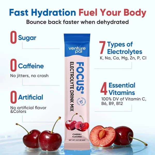 Focus Electrolyte Drink Mix - Cherry - Hydration Powder with 7 Electrolytes, Vitamins, Functional Mushrooms & Adaptogens for Focus, Energy & Recovery